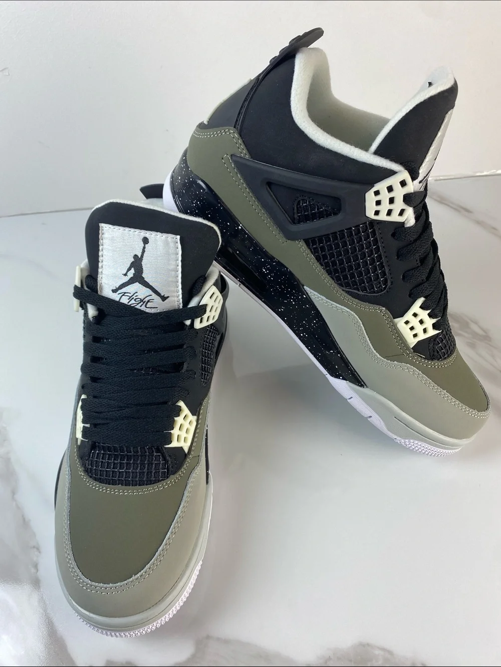 Jordan Retro 4 Sneakers in Olive Green, Black, Cream
